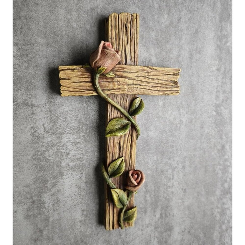 New Rustic Rose Cross Wall Decor Wood Carved 8.25 Inch Easter Spring Home Gift